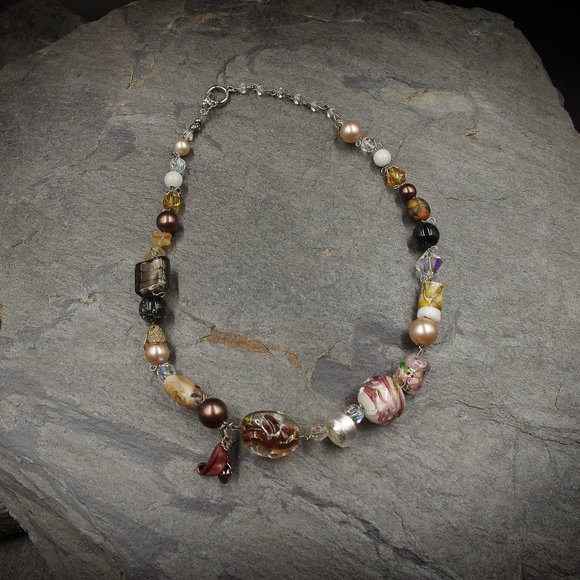 Mixed Lampwork Necklace on Wire with Handmade Polymer Clay Flower - OOAK - Picture 1 of 6